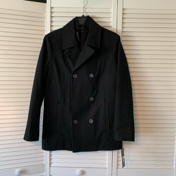 Cole Reaction Jackets & Coats Mens Double Breasted Wool Blend Peacoat With Bib